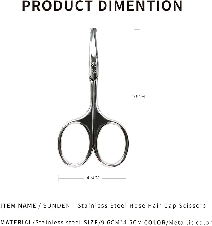 Precision Trim Silver Nose and Facial Hair Scissors with Straight Safety Blades, Rounded Tips for Gentle and Precise Grooming of Nose, Ear, and Eyebrow Hair SUNDEN SD1251