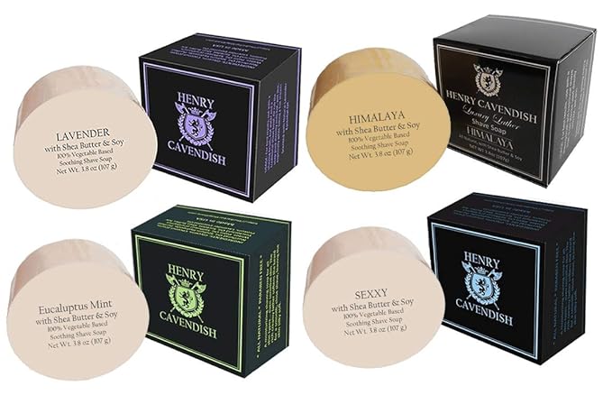 Henry Cavendish 4 Pack Shaving Soap with Shea Butter & Coconut Oil, 4 Long Lasting 3.8 oz Puck Refills. One of each Himalaya, Lavender, Eucalyptus/Mint and Sexxy Frangrances.
