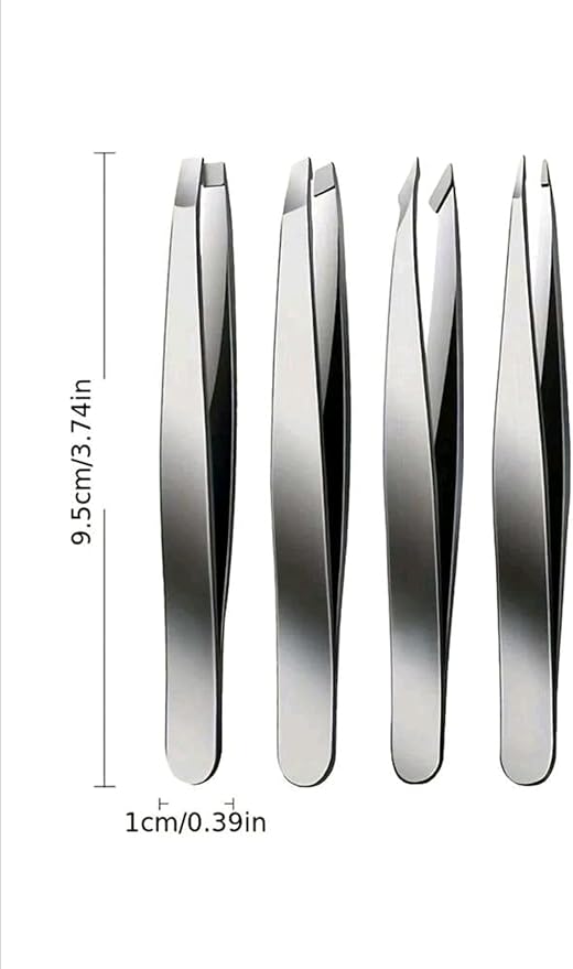 4-Piece Stainless Steel Tweezer Set - Tweezers for Eyebrows, Precision Tweezer Set for Women & Men - Ingrown Hair Tweezer, Long Lash & Eyelash Tweezers, Tweezers for Crafting (Silver)