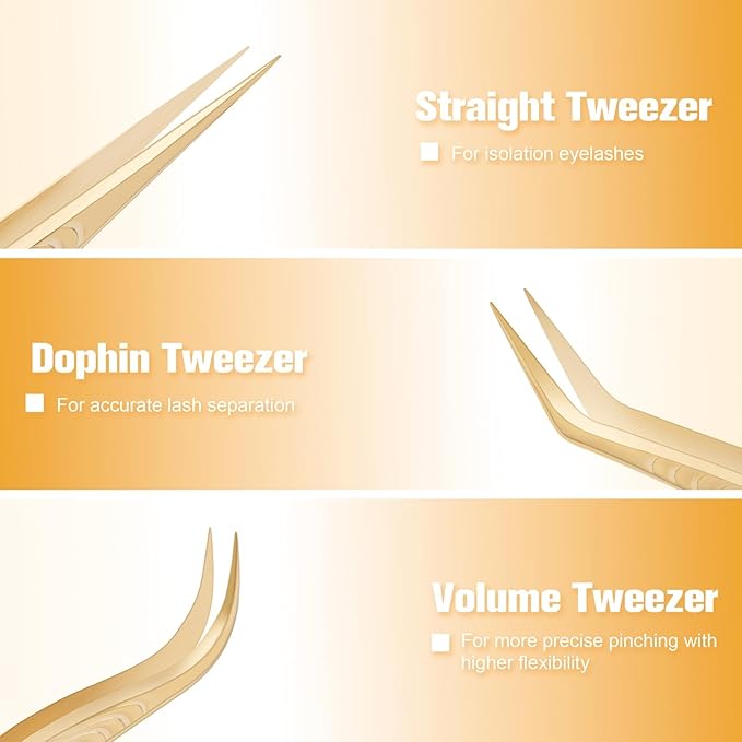 Lash Tweezers for Eyelash Extension, Professional Lash Extension Tweezer Set, High Precision Eyelash Tweezers for Volume Eyelash Extensions (Gold, 5PCS Set)