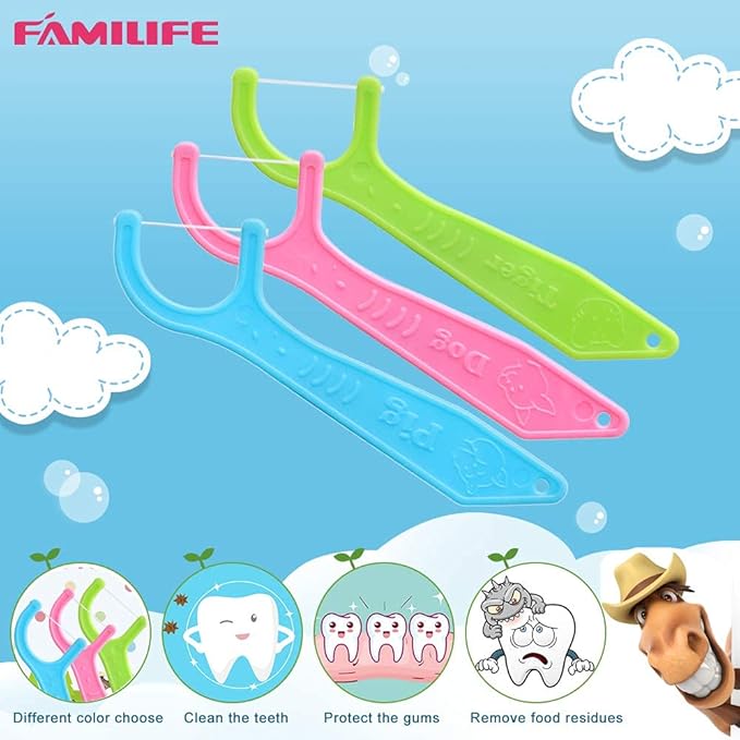 FAMILIFE Dental Floss Picks Kids flossers Toddler Threaders Children Unwaxed Unflavored Fluoride Free Dental Floss Child Kid Flossing Sticks with Travel Cases 200 Picks