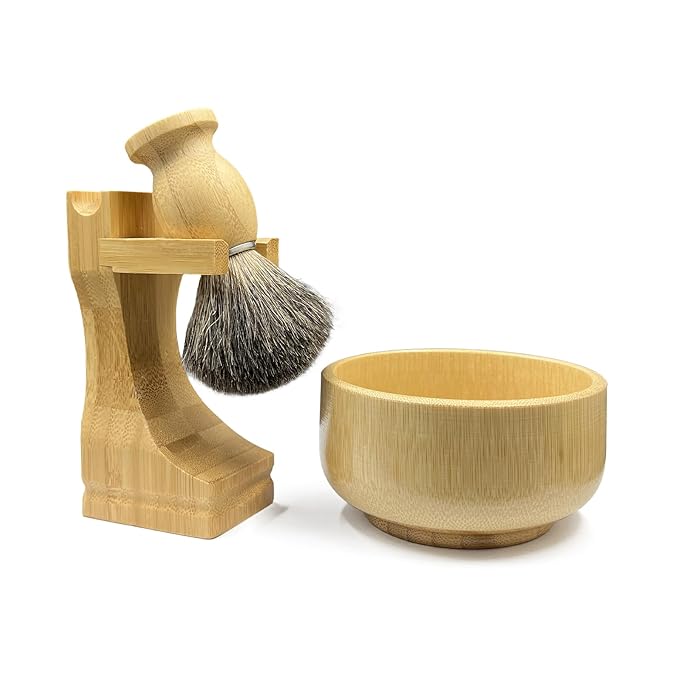 Shaving Brush Set, Pure Badger Shave Brush & Bamboo Bowl with 2 in1 Shaving Stand,Complete Men's Wet Shaving Kit, Eco-Friendly Bamboo Handle, Lathering Bowl & Razor Stand (Horizontal/Hanging)
