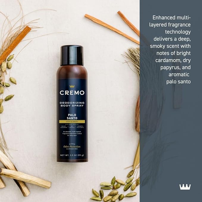 Cremo Palo Santo Body Spray, A Distinguishing Blend of Bright Cardamom, Dry Papyrus and Aromatic Palo Santo, 3.5 Fl Oz
