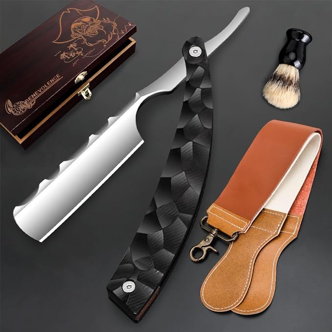 Professional Straight Blade Razor Kit with Strop - Straight Edge Barber Razor Stainless Steel Sharp Shaver Razor for Men Home & Salon Grooming Using (Black)