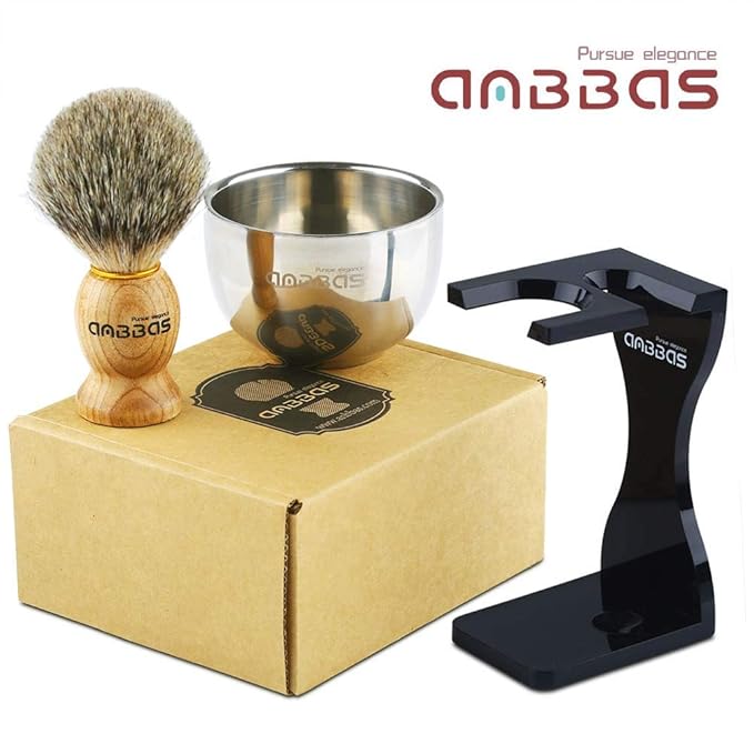 Anbbas Pure Badger Shaving Brush with Wood Handle and Shaving Bowl 2 Layers Stainless Steel,Black Acrylic Thicken Shaving Stand for DE Razor
