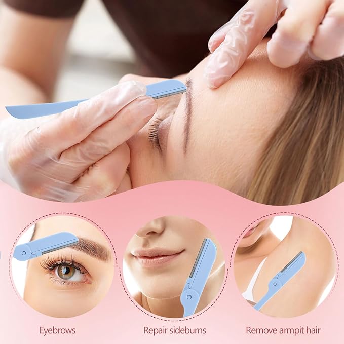 FOMIYES 10Pcs Foldable Stainless Steel Eyebrow Razors for Women, Portable Facial Hair Removal Trimmer with Plastic Handle, Blue