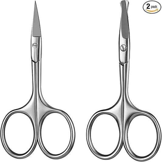 2 Pack Facial Hair Grooming Scissors for Men Women, Eyebrow, Nose Hair, Mustache, Beard, Eyelashes, Ear Trimming Kit - Curved and Rounded Safety Tip Clippers - Silver