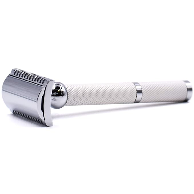 Parker Open Comb Double Edge Safety Razor – Heavyweight Chrome Handle for Closer Shaves – Includes 5 Razor Blades – Ideal for Men or Woman (Bright White)