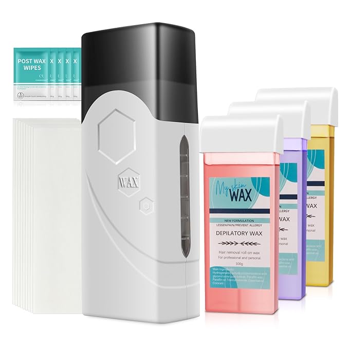 Roll On Wax Kit, Portable Wax Roller Kit for Coarse/Fine Hair Removal, Beginners Waxing Roller for All Skin Types with 3 Pcs 100g Roll Cartridge, 100 Non-Woven Strips & 10 After Oil Wipes (F0_White)