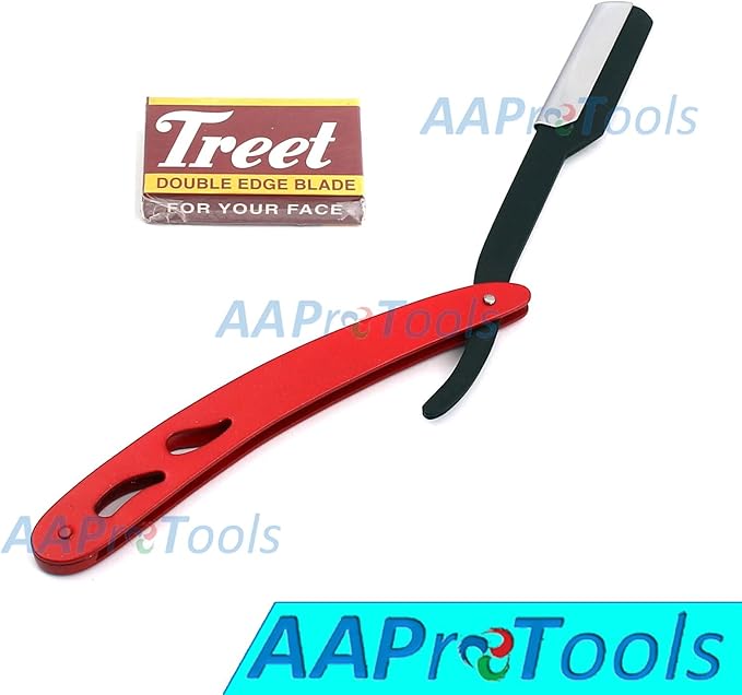 PROFESSIONAL STRAIGHT EDGE RAZOR WITH 100 SINGLE EDGE BLADES - CLOSE SHAVING MEN'S MANUAL SHAVER SAFETY RED AND BLACK A+ QUALITY