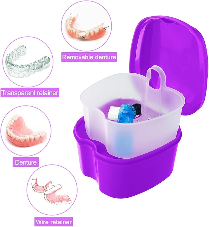 2 Pack Denture Case Dental Mouthguard Case, Denture Bath Box Cleaning with Brush, Strainer Basket and Lid Waterproof - Purple and Blue
