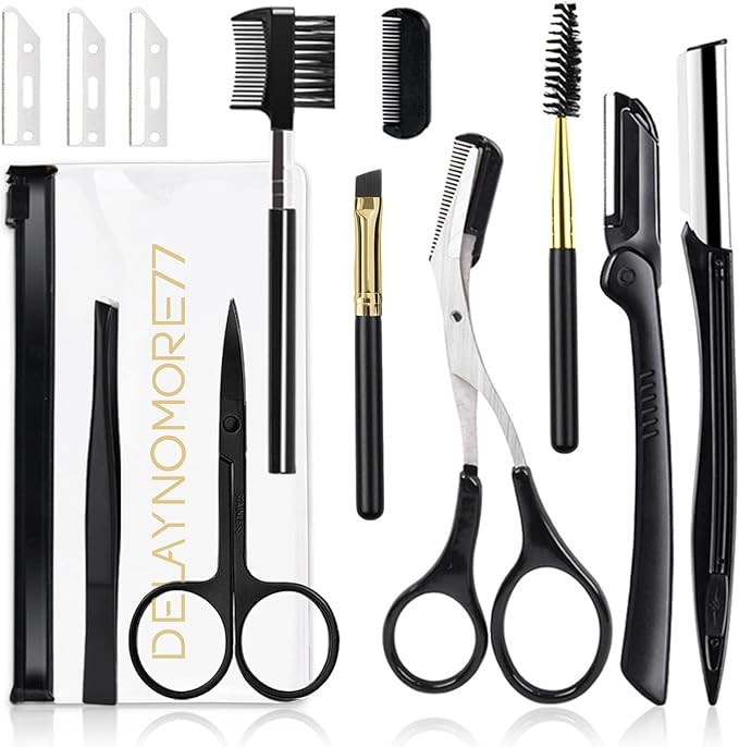 Eyebrow Razor Kit, 12 in 1 Professional Eyebrow Grooming Set, Including 3 Razors Trimmer,1 Tweezer,2 Scissors,2 Replacement Blades,1 Eyelashes Roller,2 Brushes,1 Storage Bag