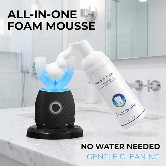 U-Shaped Electric Toothbrush for Adults, Hands-Free Auto Teeth Cleaner with 360° Ultrasonic & Foam Mousse, 4 Brush Heads, LED Light & Charging Base Kit (Black)