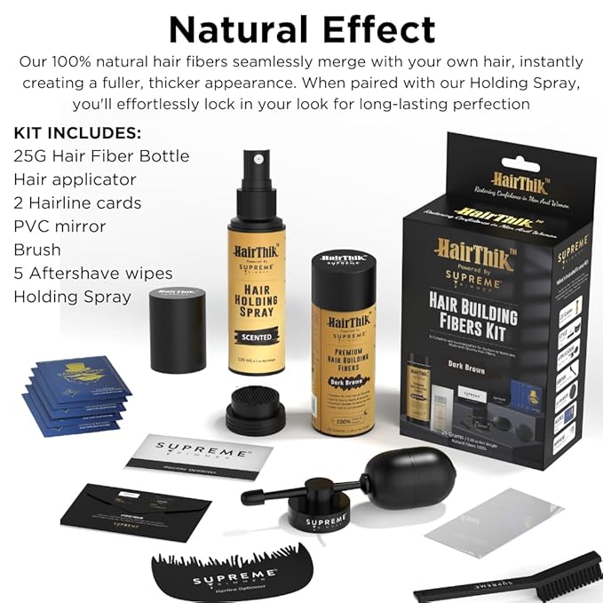 Supreme Trimmer Hair Fibers 9-in-1 Kit | 25G Keratin Fibers, Pump Nozzle, Hairline Cards, S&L Shaker, Brush, Wipes, Mirror, Hold Spray | Conceal/Thicken Thinning Hair in Men & Women | Dark Brown
