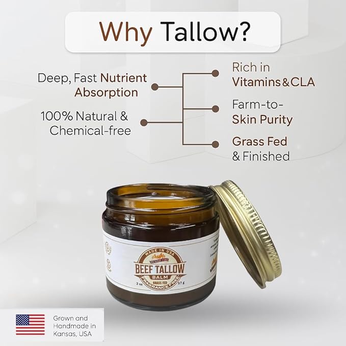 Grass Fed Beef Tallow Balm - 2 oz - Grown and Made in USA - Organic Grass Fed and Finished Tallow - Moisturizing Skin Care Peppermint