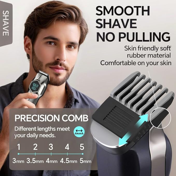 GERTZY 5-in-1 Electric Beard Trimmer Magnetic Replacement Heads, Professional Cordless Hair Clippers for Men Rechargeable, IPX7 Waterproof Grooming Kit for Mustache, Body, Nose, Gifts for Men (Silver)
