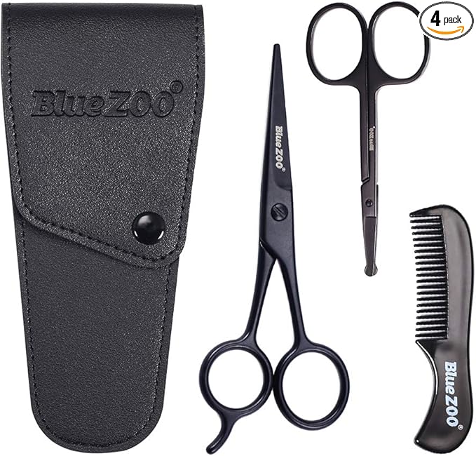 BlueZOO Beard Mustache Scissors and Comb Kit with PU Storage Bag, Rounded Safety Nose Hair Scissor for Men and Women Care Grooming, Ear Trimming Tool, Shears for Personal Grooming, Cutting & Styling