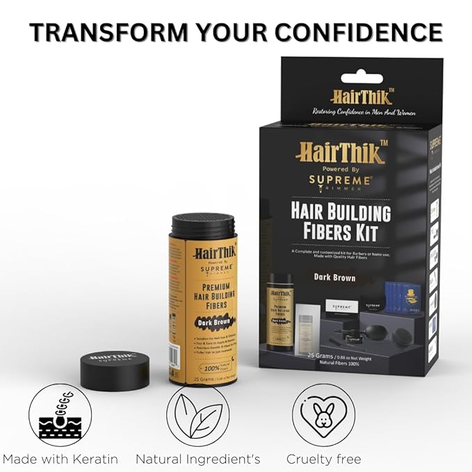 Supreme Trimmer Hair Building Fibers 8-in-1 Kit | 25G Keratin Fibers, Pump Nozzle, Hairline Cards, S&L Shaker, Brush, Wipes, Mirror | Conceal & Thicken Thinning Hair in Men & Women | Dark Brown