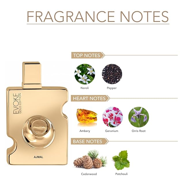 Ajmal Evoke Gold Edition Eau de Parfum 3.0 oz / 90 ml for Men | Fresh Spicy & Woody Oriental Fragrance | Long-Lasting Dubai Luxury Scent