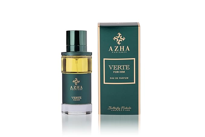 Azha Perfumes Verte Eau de Parfum for Men, Green Spicy Leather Fragrance Spray with Cardamom, Cypress, Violet, Sandalwood & Vanilla, Long Lasting Men's Cologne, Butterfly Nebula Collection, 3.4 Fl Oz