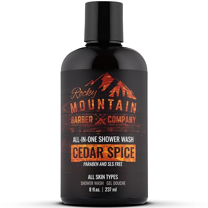 Rocky Mountain Barber Company Cedar Spice All-In-One Body Wash – Shampoo, Body Wash, Conditioner, Face Wash & Beard Wash with Essential Oils - 8 oz