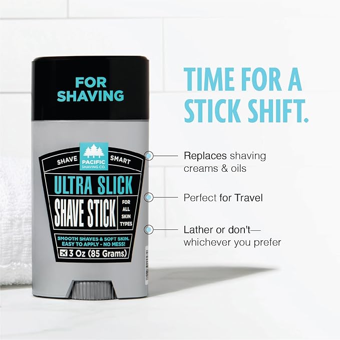 Pacific Shaving Company Ultra Slick Shave Stick - No Mess Body Shaving Stick with Moisturizing Coconut Oil - Travel-Friendly, Good for All Skin Types, Unisex (3 Oz)