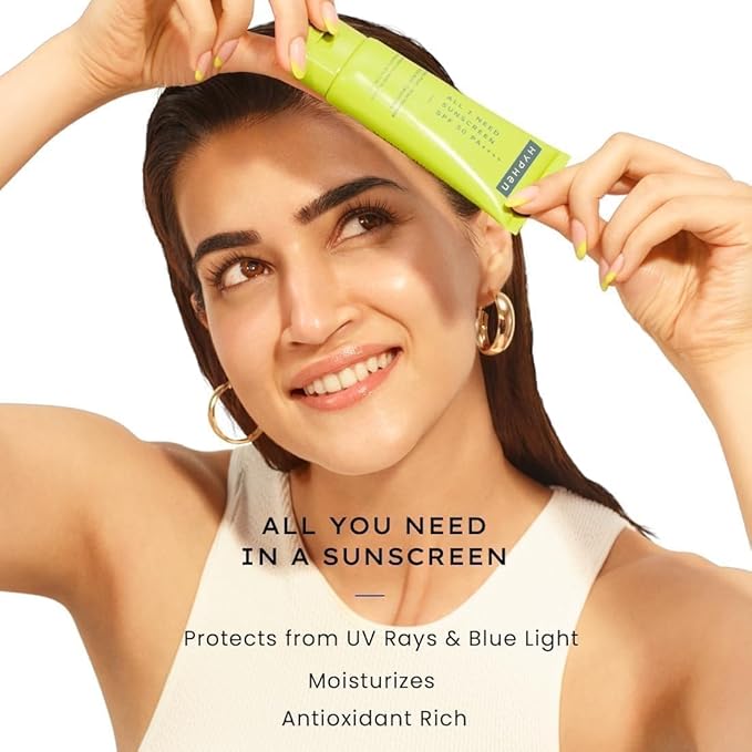 Hyp-hen All I Need Sunscreen SPF 50 PA ++++ | Lightweight Sun Cream & Leaves No White Cast | UVA & UVB Sun Protection & Blue Light Protection, SPF 50 for Women and Men| 50ml
