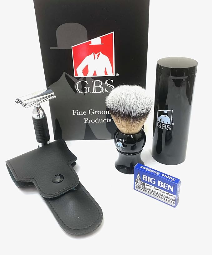 G.B.S Black Travel Shaving Brush, 4 Piece Travel Double Edge Safety Razor, and Leather Razor Case, Daily Beard Care, 10 pack of blades Snap Lock Prevent Razor Bumps