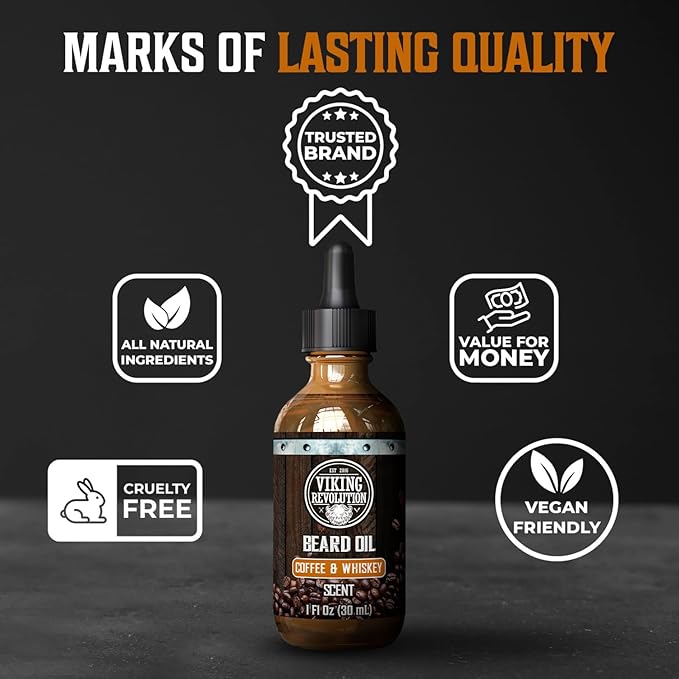 Viking Revolution Coffee Whiskey Beard Oil for Men -Natural Mens Beard Oil with Argan Oil and Jojoba Oil -Beard Softener,Strengthens and Moisturizes- Beard Conditioner for Men(Coffee Whiskey, 1 Pack)