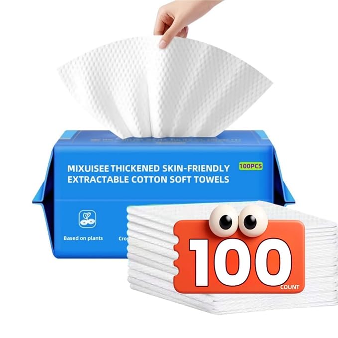 Disposable face towels, MIXUISEE thick and soft face towels. 100% pure cotton, super thick 130%. Suitable for makeup removal and cleansing, and applicable to sensitive skin. (100 pieces)