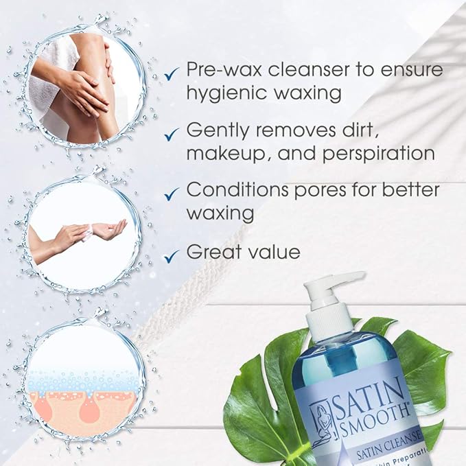 SATIN SMOOTH Pre Wax Cleanser - Antiseptic Formula for Pre Wax Hair Removal Skin Prep, Deep Cleansing & Irritation-Free Waxing, AfterWax Care, 16 oz