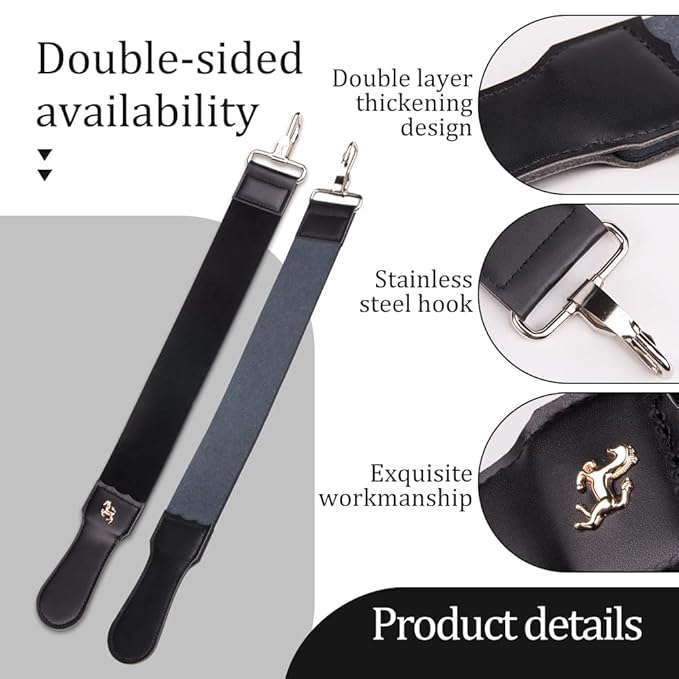 ZORZA 1Pcs Dual-Sided Leather Sharpening Straps Professional Barber Leather Strap Straight Razor Strop with Cowhide & Canvas for Enhanced Razor Sharpening & Smoothing Experience (Black)（Cowhide）
