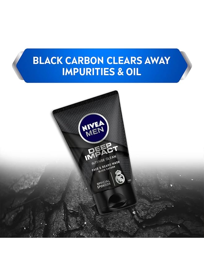 Nivea Men Deep Impact Intense Clean Face and Beard Wash - Black Carbon, 100 ml (3.3 oz)