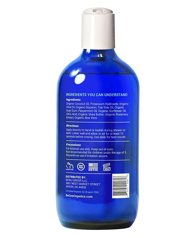 Certified Organic Tea Tree Body Wash by Be-One - Jock Itch - Athletes Foot - Ringworm - Acne - Eczema - Vegan - For Men & Women - Paraben & Sulfate Free - Sensitive - Natural - MADE IN USA