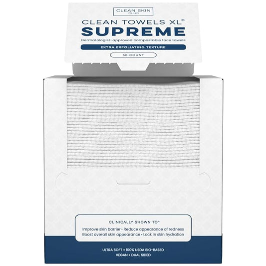Clean Skin Club Clean Towels XL® Supreme, 100% USDA Biobased Face Towel, Disposable Face Towelette, Eczema Association Accepted, Thicker Textured Dry Wipes, Ultra Absorbent & Soft, 1 Pack, 50 Ct