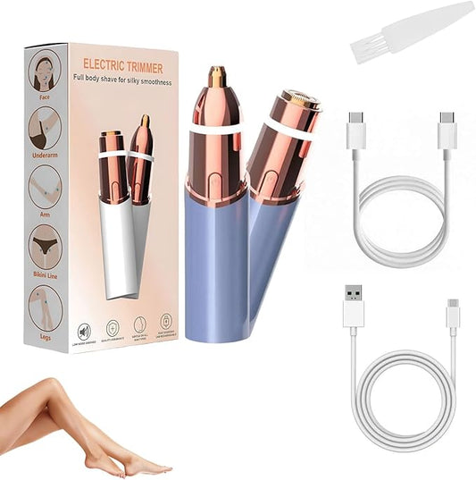 Eyebrow & Facial Trimmer: 2 in1 Rechargeable Facial Hair Removal & Eyebrow Shaver - Body Razor with Built-in LED Light (Blue)