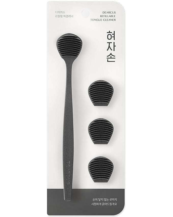 DEARCUS Tongue Scraper with 3 Replaceable Heads for Up to 9 Months - Soft BPA-Free TPE Tongue Cleaner, Designed to Reduce Gag Reflex, Helps Freshen Breath & Remove White Coating (Deep Gray)
