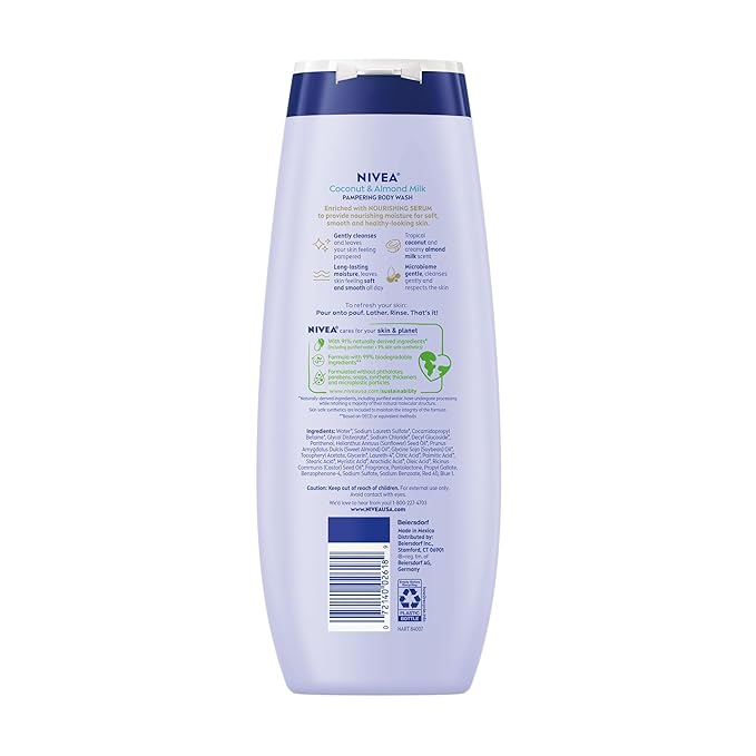 NIVEA Pampering Coconut and Almond Milk Body Wash with Nourishing Serum, Moisturizing Body Wash for Women, Enriched with Provitamin B5 and Vitamin E, 20 Fl Oz Bottle (Pack of 2)