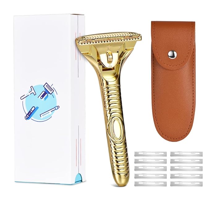 Single Blade Razors for Men and Women, Reusable Modular Safety Razor with Magnetic Head and Metal Non-Slip Grip, 10 Single Edge Razor Blades & Leather Case,Gold Whiskers