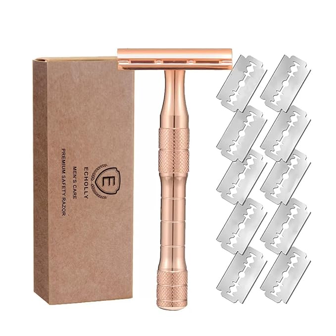 Elegant Rose Gold Safety Razor for Women–Vintage Double Edge Razor with 10 Swedish Blades, Stainless Steel Handle, Gift Box Set by Echolly (Solar Crown)