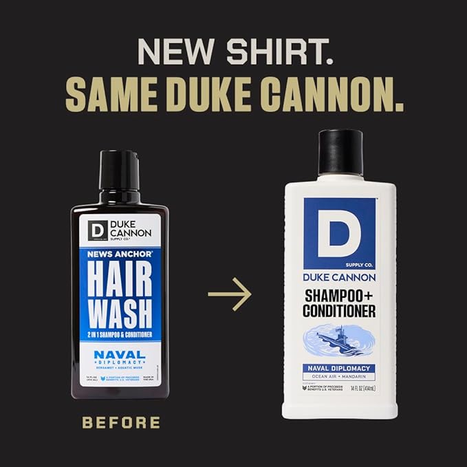 Duke Cannon Supply Co. 2-in-1 Hair Wash - Masculine Scent - Gentle Cleansing Hair Wash For Men - Stimulating Hair Shampoo & Conditioner - Strengthens Hair - Naval Diplomacy - 2 Pack (14 oz)