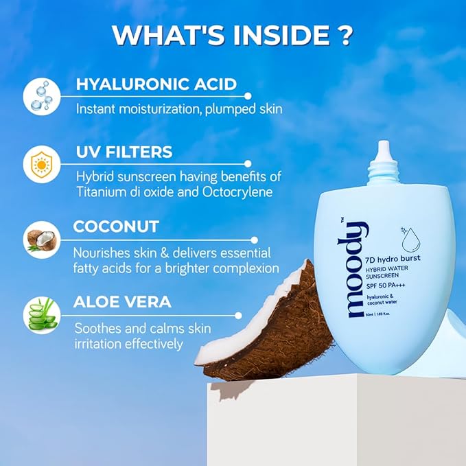 Moody 7D Hydro Burst Water Lightweight Non Greasy Sunscreen | Sweat proof, No White Caste | UV & Blue Light Protection Broad Spectrum SPF50 PA +++| Dewy Finish | Men & Women | Paraben Free,50 ml
