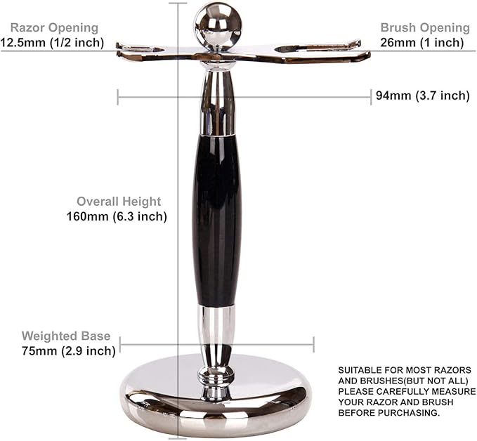 SANWA Deluxe Stainless Steel Shaving Brush Stand Holder for Razor & Brush Weighted Base Black Handle