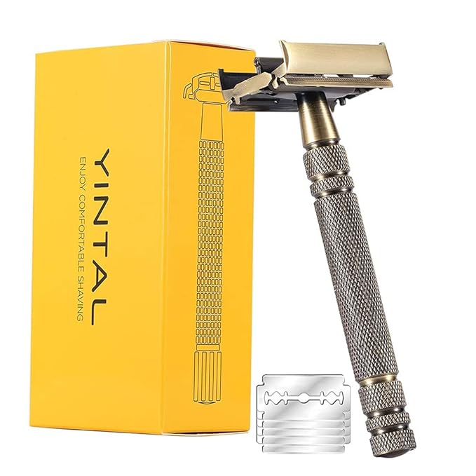 Double Edge Safety Razors,Classic Men Shaving Butterfly Open Razor - Bronze Long Handle Women Razors With 5 Blades,Reusable Metal Brass Manual Shaver Close Comb