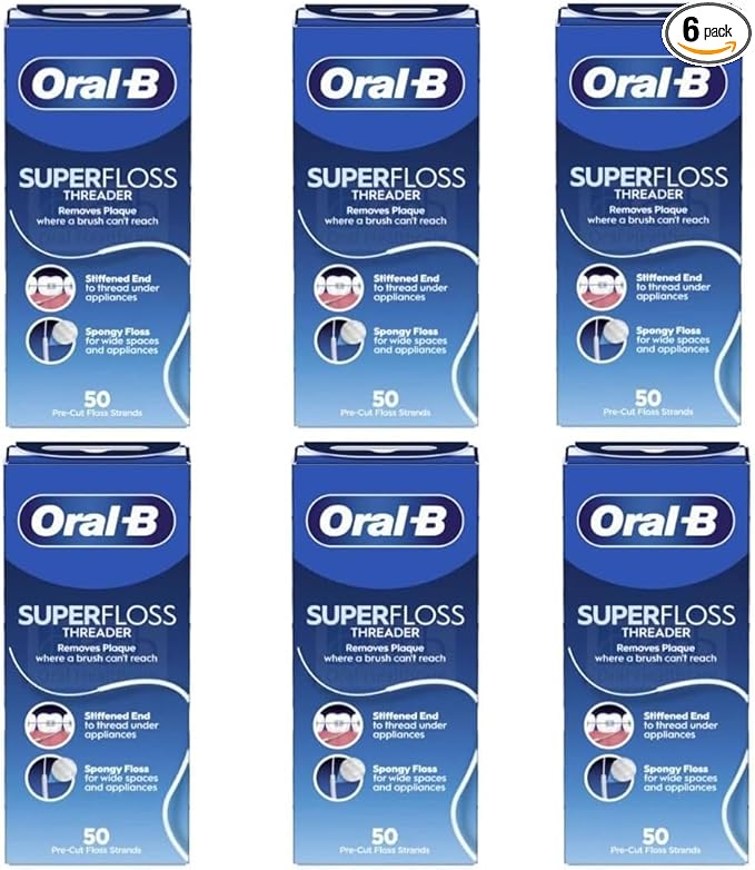 Oral-B Super Floss Threader Dental Floss, Pre-Cut Strands, 50 Count (Pack of 6) – Mint Flavor (Packaging May Vary)
