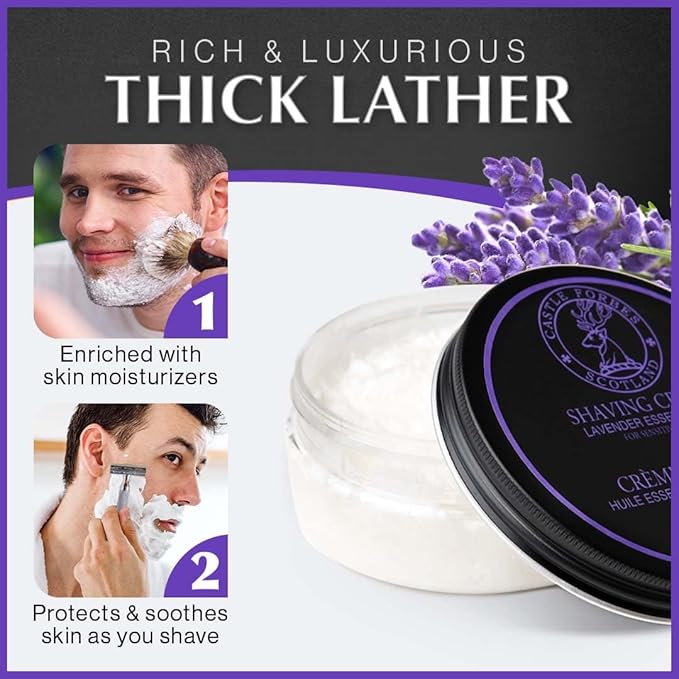 Castle Forbes Lavender Shaving Cream For Men, 6.8 fl.oz. | Moisturizing Smooth Shave Lather w/ Esseantial Oils | Protects Sensitive Skin From Razor Burn & Irritation | Luxury Grooming & Beard Care