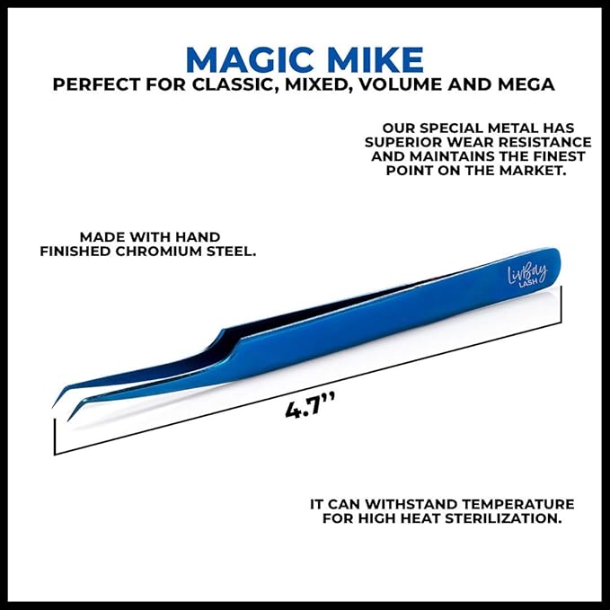 LivBay Lash - Blue Magic Eyelash Stainless Steel Tweezer for Volume Lash Extensions | Curved Tip | False Lash Applicator Tool (Professional Use Only)