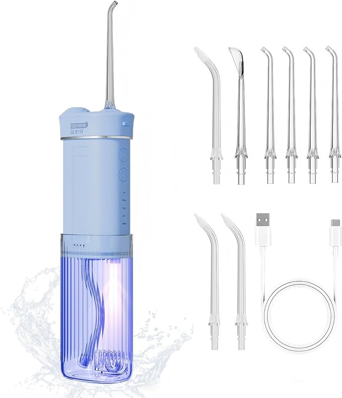 Portable Mini Water Flosser 225ML Long-Lasting Endurance Travel Cordless Oral Irrigator for Gum Care/Implants/Braces (Blue(8Tips))