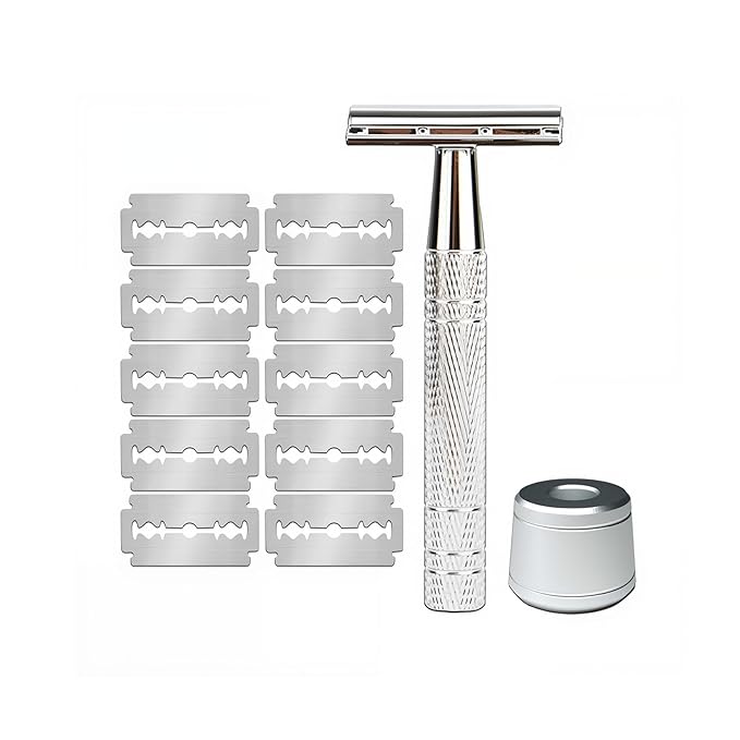 Men's and Women's Manual Razor Safety Razor with 10 Double Edge Blades, Double Edge Razor, Reusable Razor Kit, Eco-Friendly, Smooth Close Shave, Plastic-Free (Silver + base)