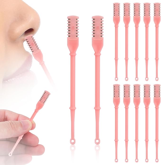 12pcs 2 in 1 Nasal Hair Cutter, 360 Rotating Nose Hair Trimmer for Men Women Double Sided Nose Hair Cleaner with Ear Picker Portable Manual Nostril Hair Removal Tool (Pink)